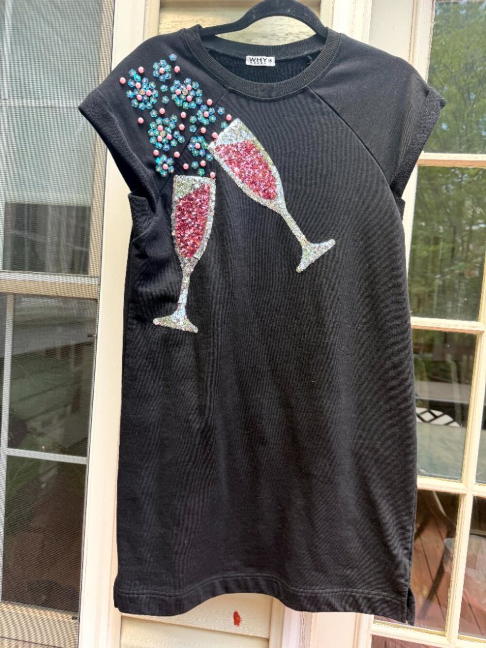 WHY Black Cocktail Dress Sequin Champagne Glass Beaded T-Shirt Dress, Size M